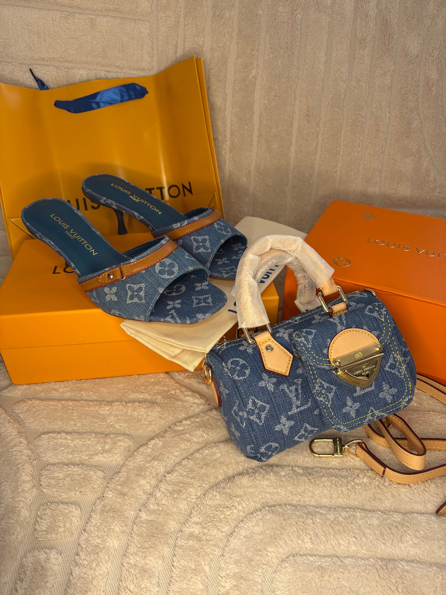 Louie denim full set kitten heel & bag
