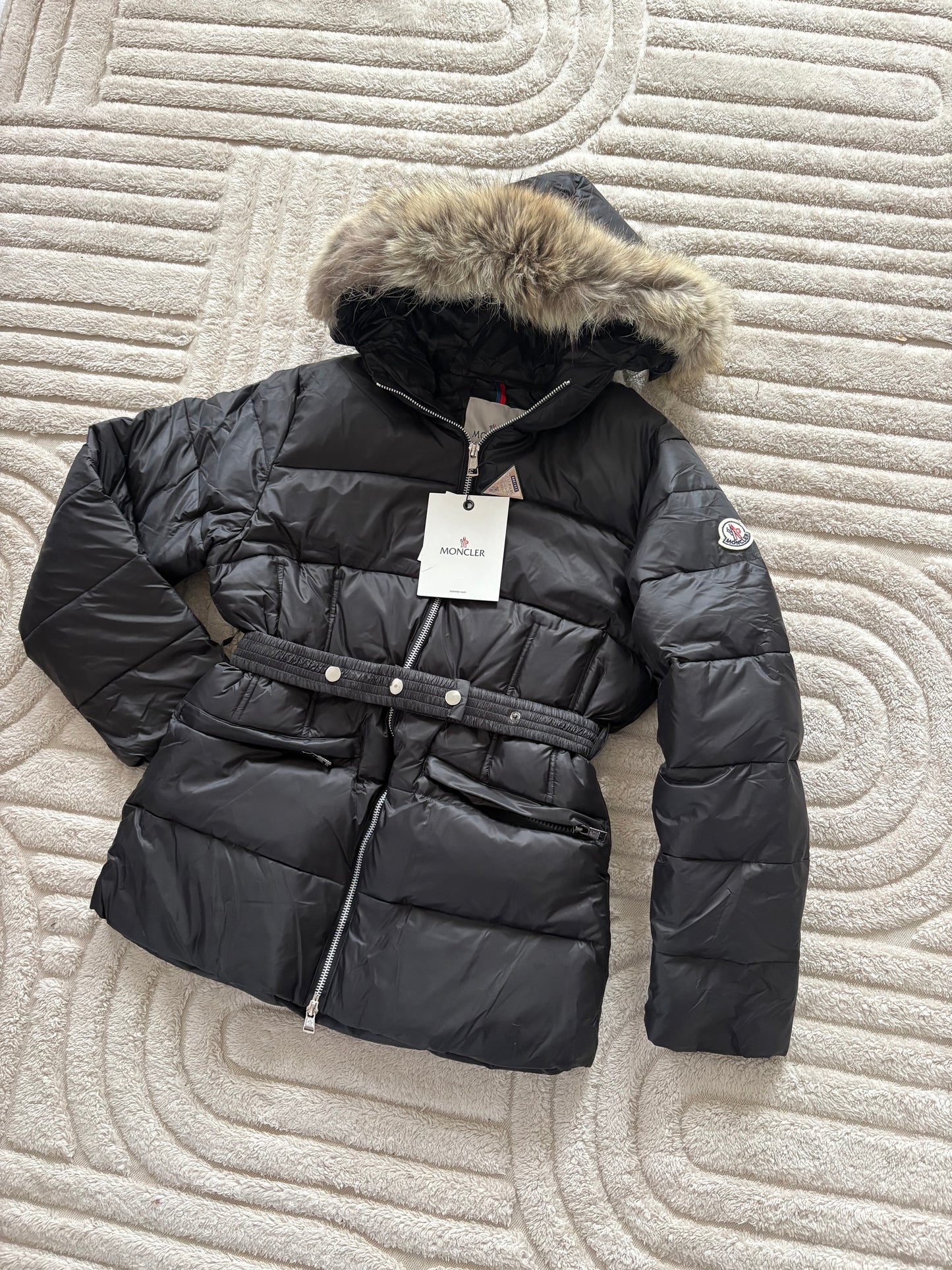 ( in stock size Small ) Mon belted coat with fur