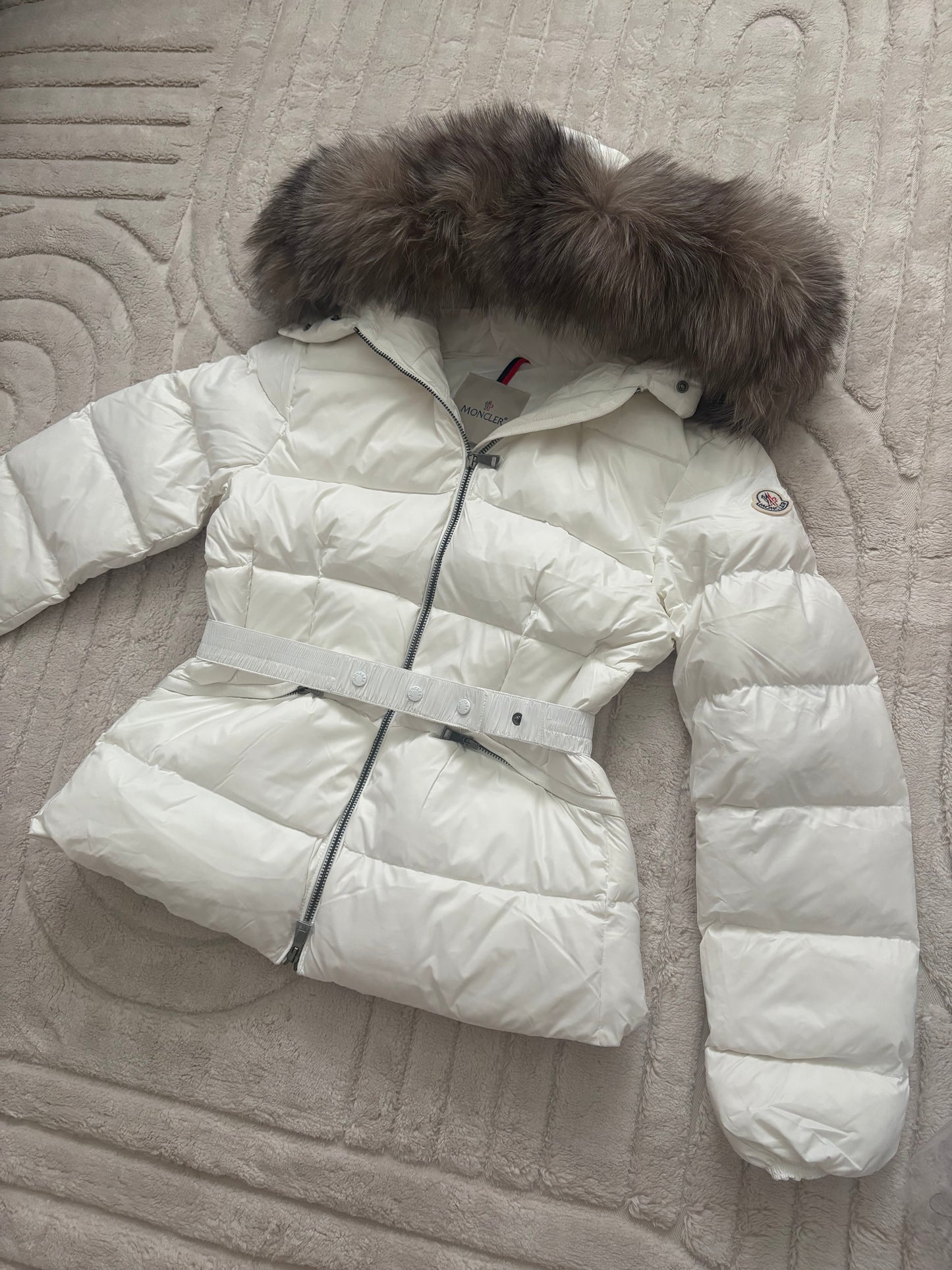 ( in stock size s ) cream belted xl fox fur hood belted coat