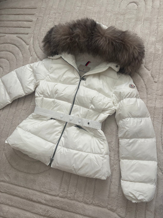 ( in stock size s ) cream belted xl fox fur hood belted coat
