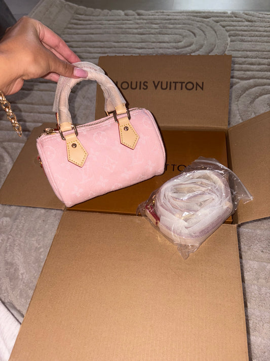 ( in stock ) speedy nano pink denim with long strap & box