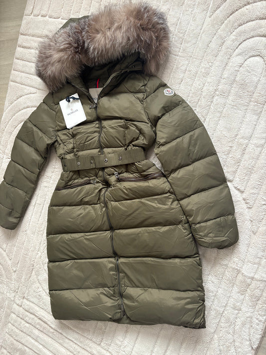 ( in stock fits size 6-8 ) mon long down jacket xl fur khaki