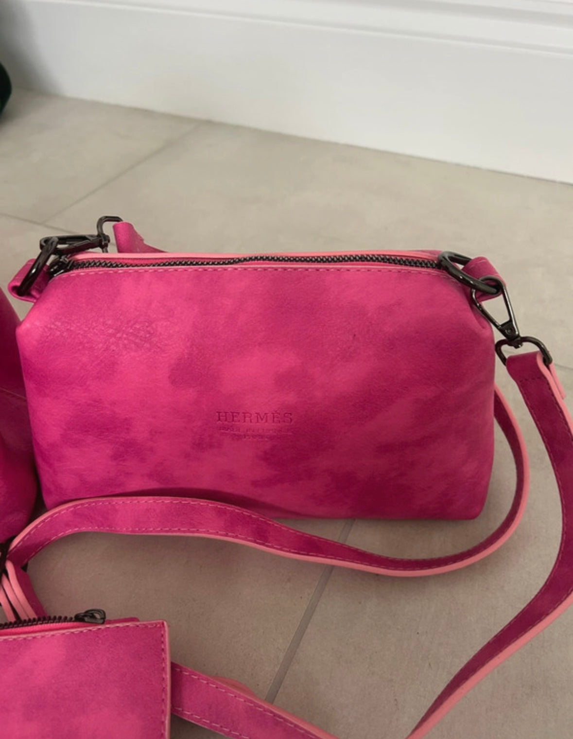 ( in stock ) 3 peice h3rmes bag set pink suede