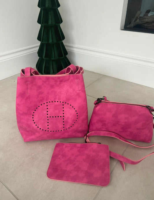 ( in stock ) 3 peice h3rmes bag set pink suede