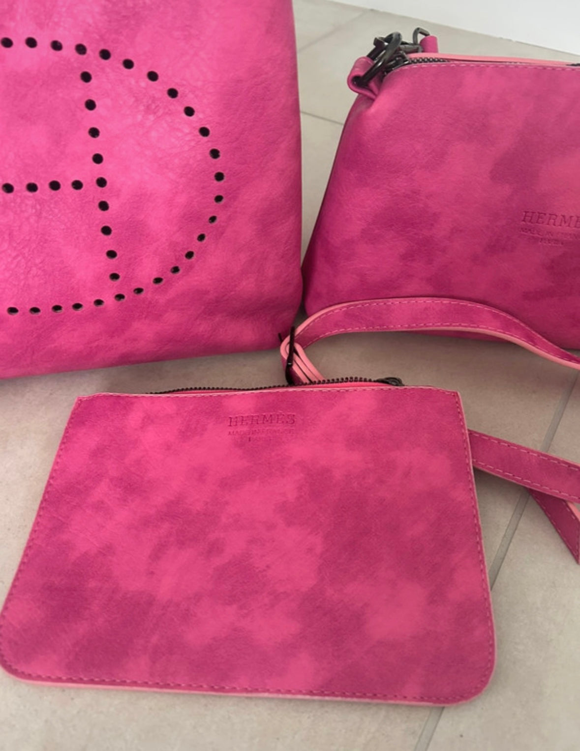 ( in stock ) 3 peice h3rmes bag set pink suede