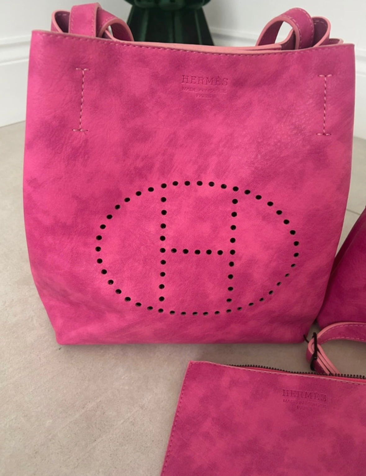 ( in stock ) 3 peice h3rmes bag set pink suede