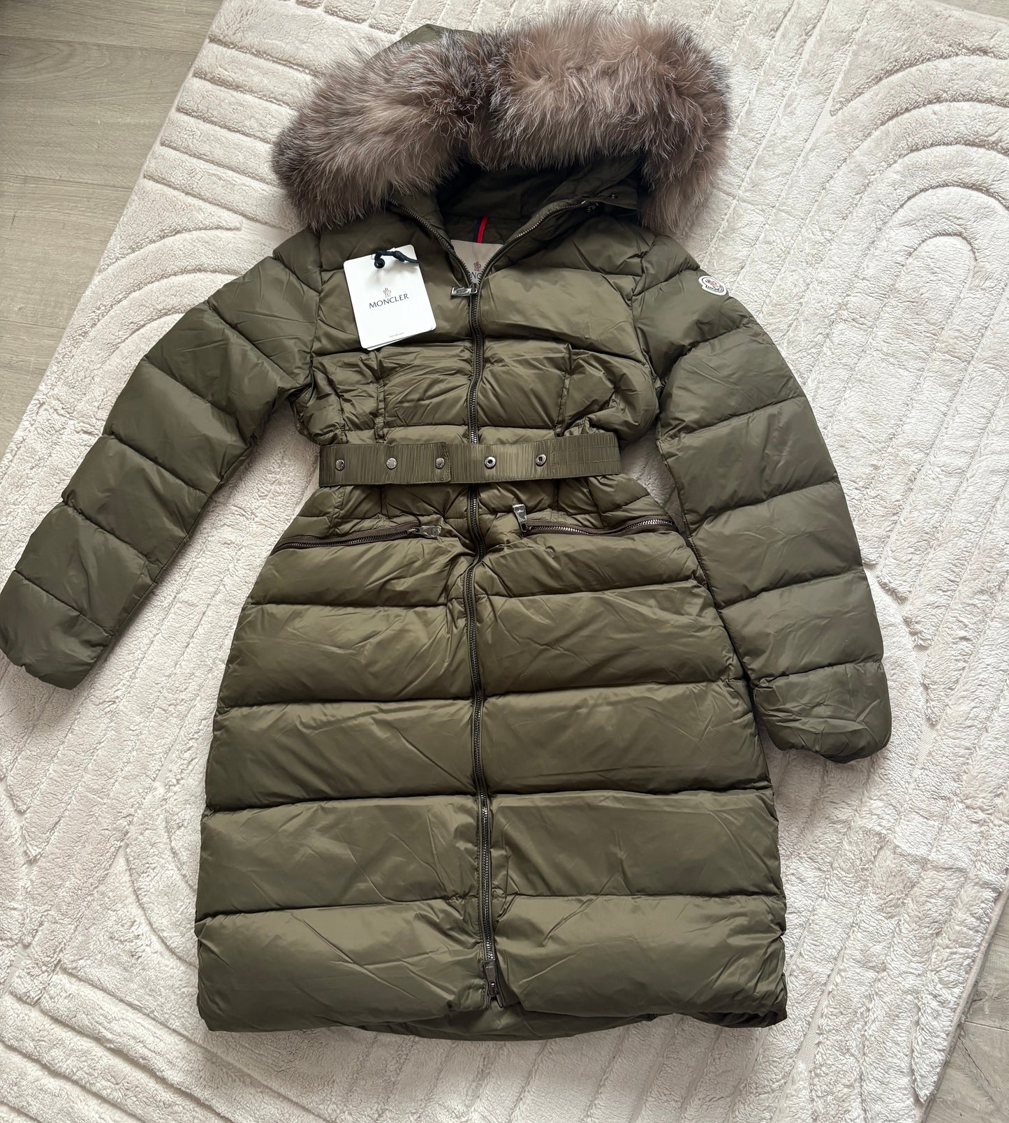 ( in stock fits size 6-8 ) mon long down jacket xl fur khaki