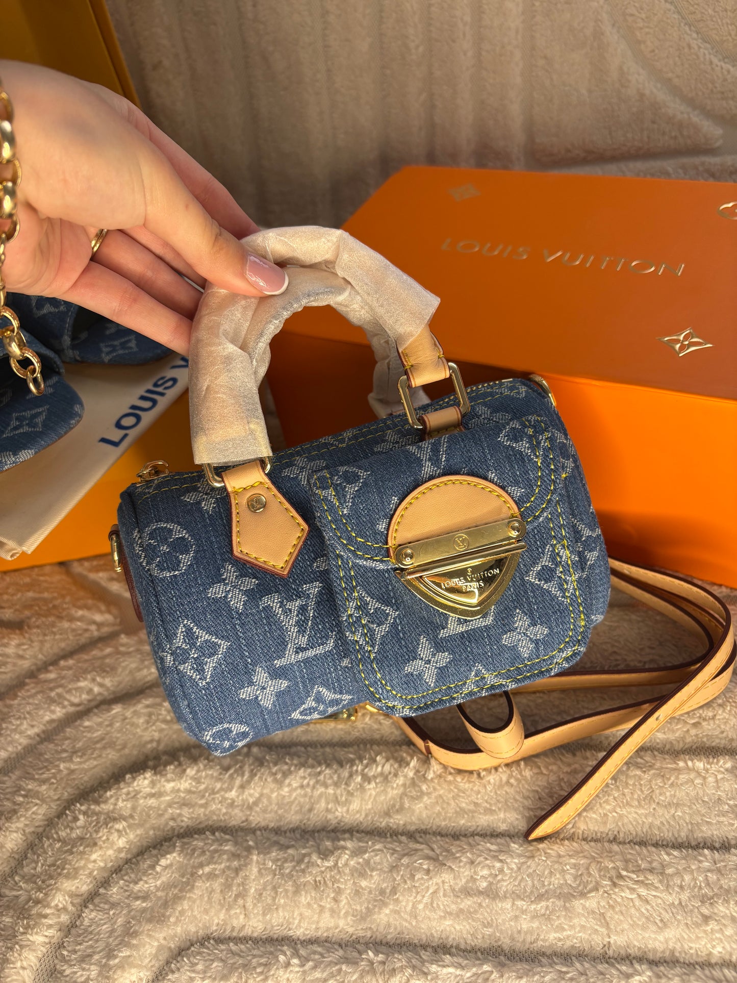 Louie dark wash denim handheld bag / crossbody
